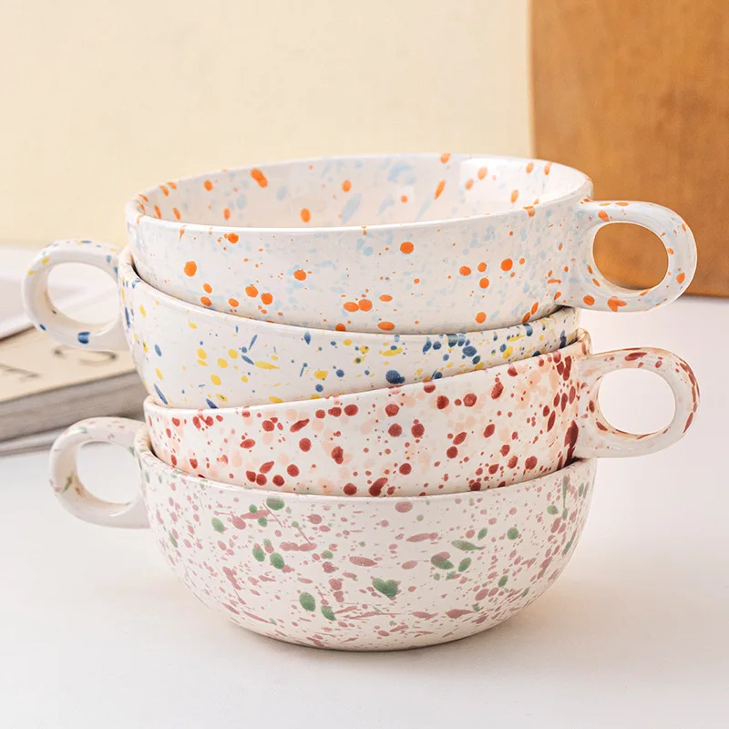 

Large Ceramic Mug Microwave Safe Breakfast Cup for Yogurt Milk Oatmeal Splash Ink Design