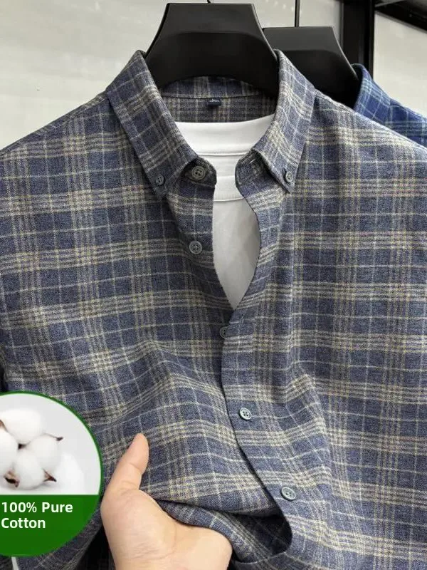 

Pure Cotton Long Sve irt Comfortable Casual Plaid Busin Casual Men's Clothing Soft Stand Fit Regular Length