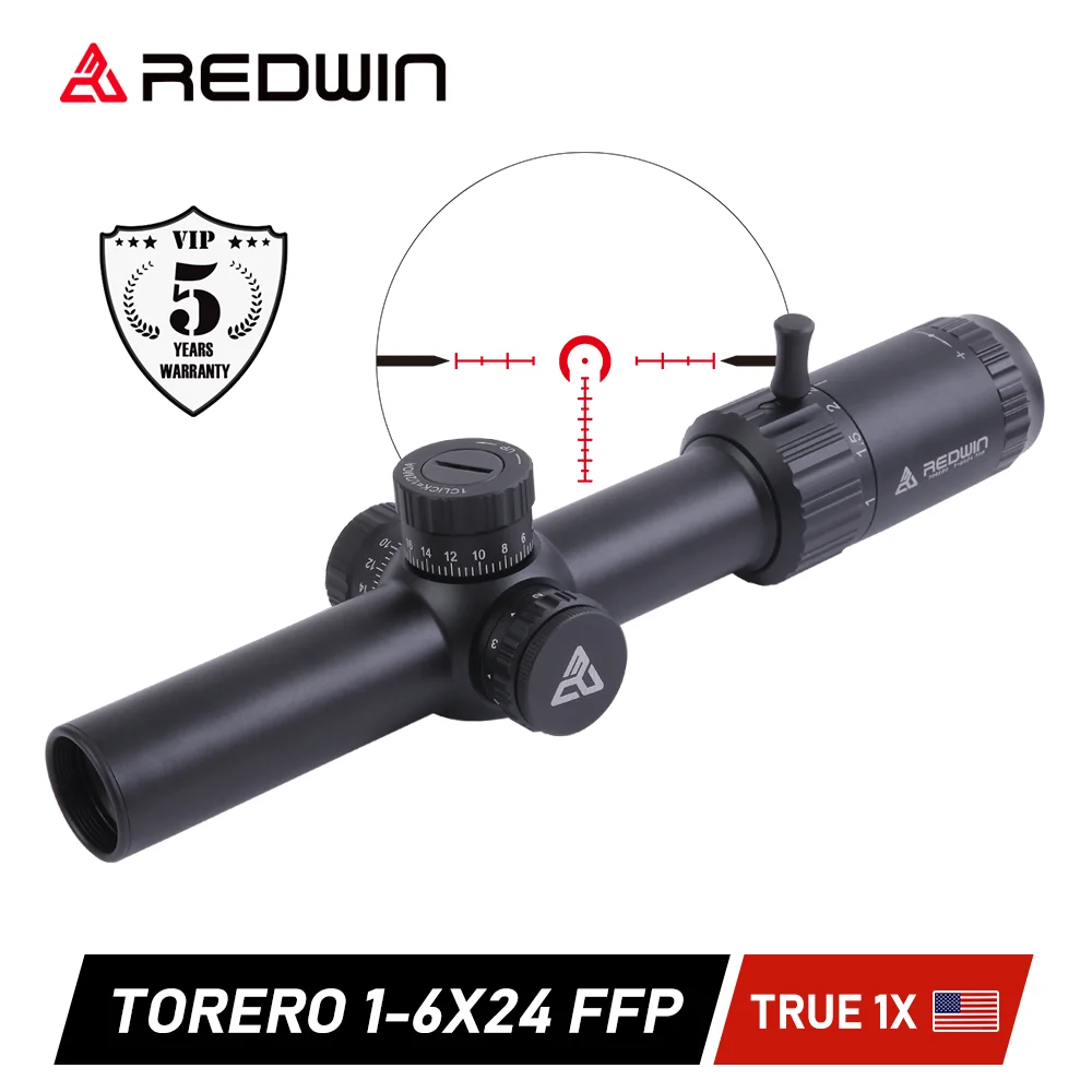 Red Win True 1x 30mm 1/2 MOA Turret Zero Lock 6 Level Red Illumination Horseshoe Reticle AR15 M4 Torero HD 1-6x24 FFP Scope