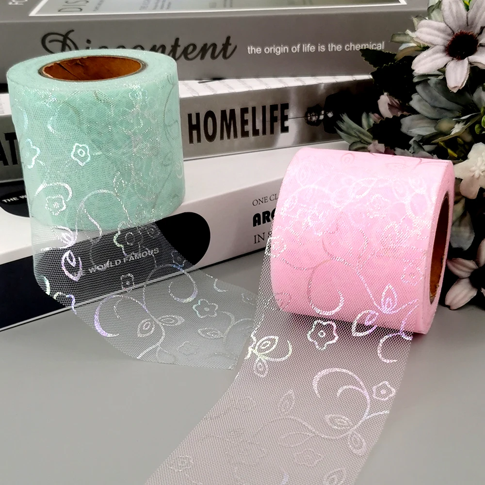 6cm 25yards Tulle Ribbon Rolls Illusory Foliage Branch Leaf Vine Patern Organza Mesh Tape For Handmade Craft Hairbow Scraphbook