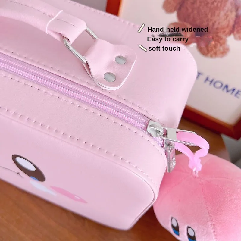 Kirby-Bolsa de cosméticos Kawaii para mujer, bolsa de maquillaje de Pu resistente al agua de gran capacidad con espejo, organizador de cosméticos portátil bonito para regalo