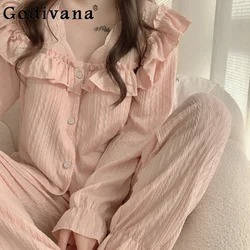 Mahkemesi Prenses Tarzı Kız Pijama İlkbahar Sonbahar Pamuk Tatlı Sleepshirts Göğüs Pedi ile Loungewear Gecelikler Set