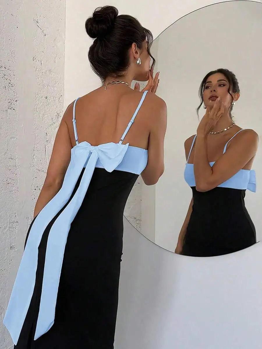 

Womens Backless Colorblock Bow Spaghetti Strap Long Dress For Party Wedding Vacation Spring Summer