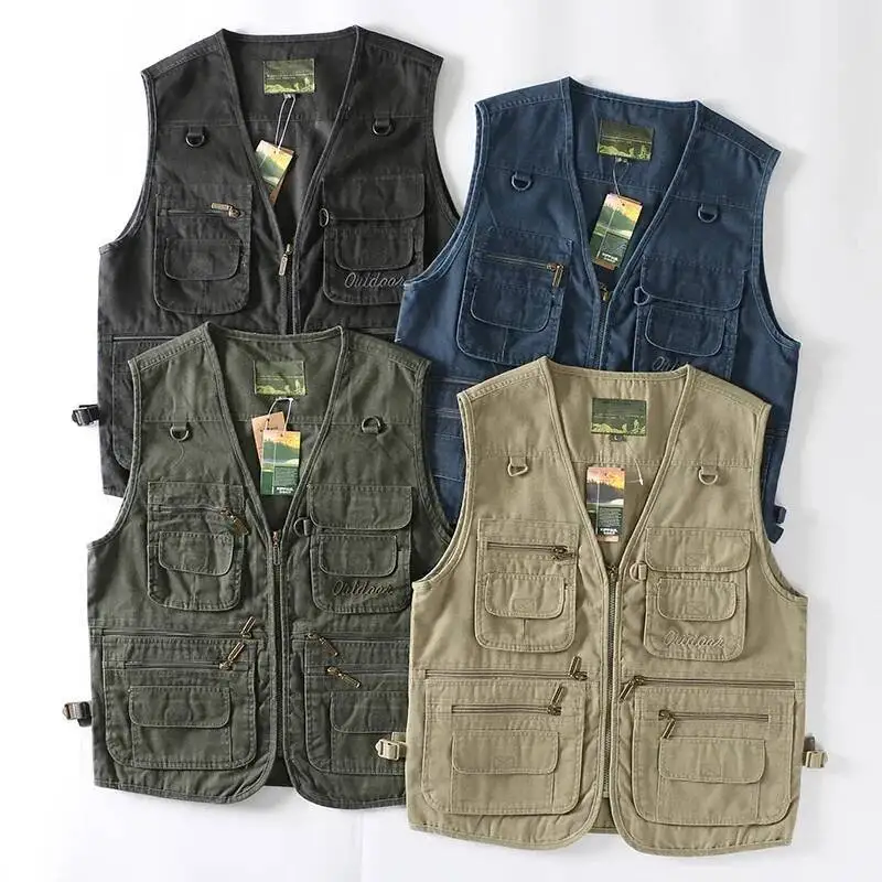 

XL Multi Pocket Work Cargo Men Outdoor Camping Hiking Sleeveless Jacket Cotton Denim Fishing Vest Army Workwear Waistcoat