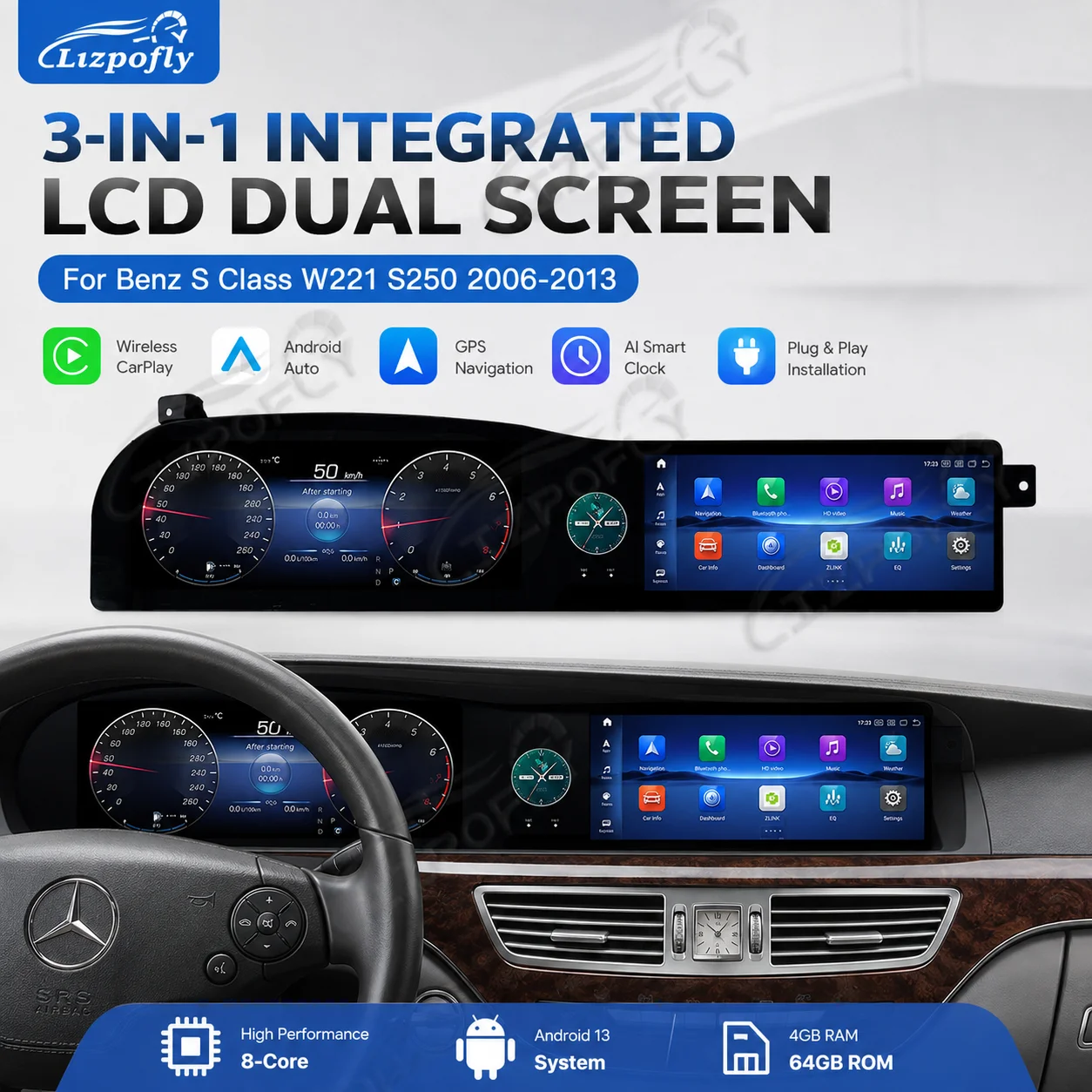 Lizpofly 3-in-1 Integrated LCD Dual Screen For Benz S Class W221 S250 2006 - 2013 Carplay Android Auto Player GPS Car Radio