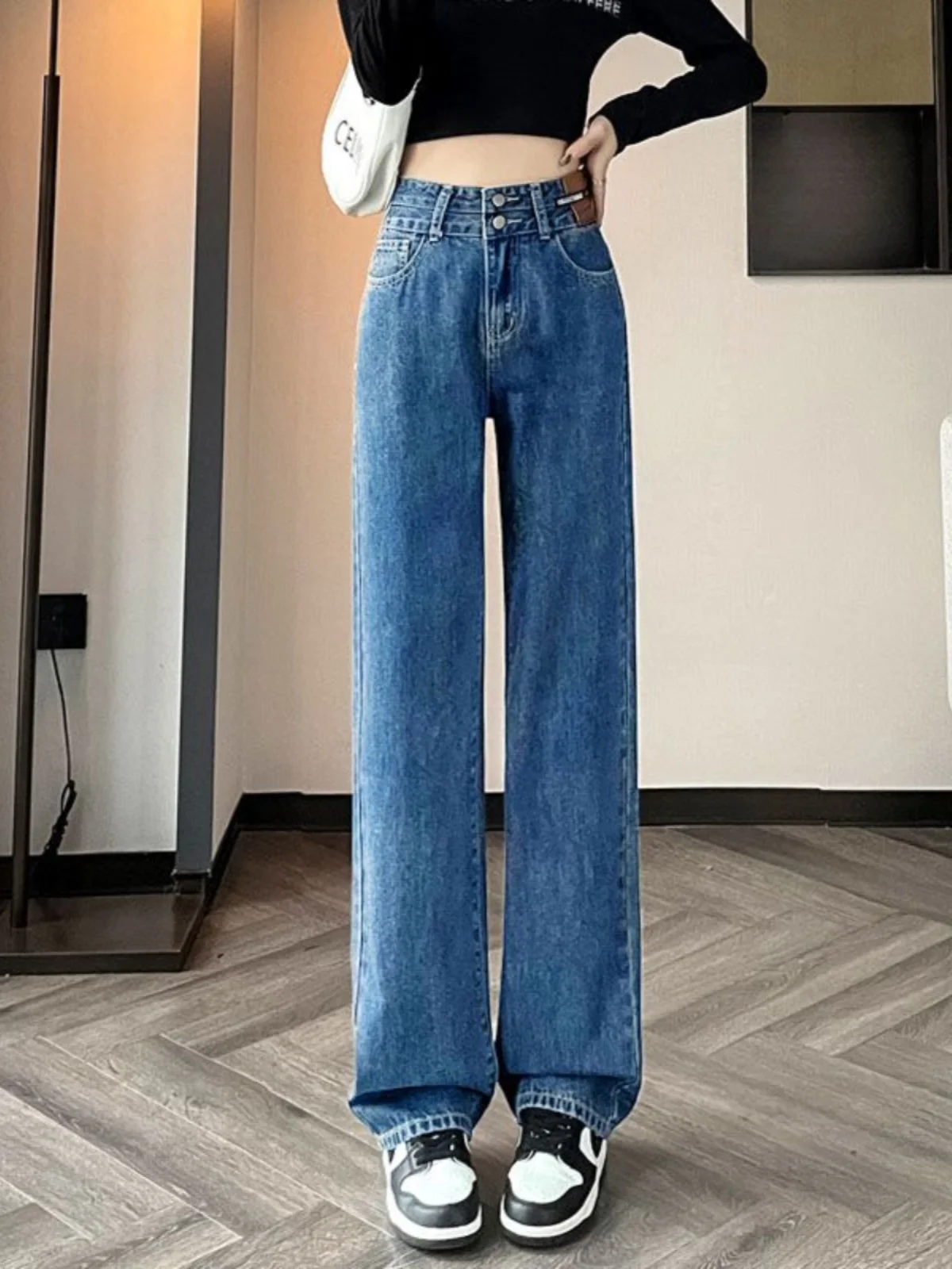 Retro Blue High Waist Wide Leg Jeans Women's Spring Double Buckle Design Slimming Drapey Floor-Length Straight Cut Pants