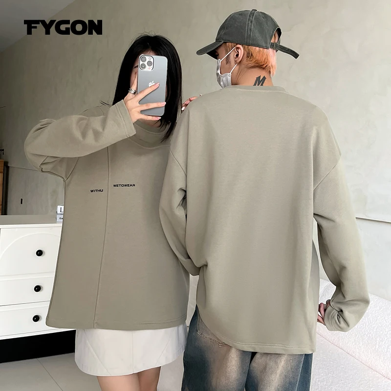 Fygon Design Double Neckline Casual Khaki Pullover Sweatshirt Letter Embroidery Drop Shoulder Loose 100% Cotton Sweatshirts