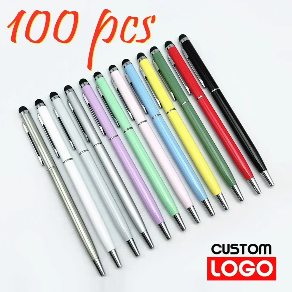 100 Stuks 13 kleuren Metalen 2-in-1 Stylus Universele Balpen Custom Logo Tekst Graveren Kantoor school Reclame Pen Groothandel