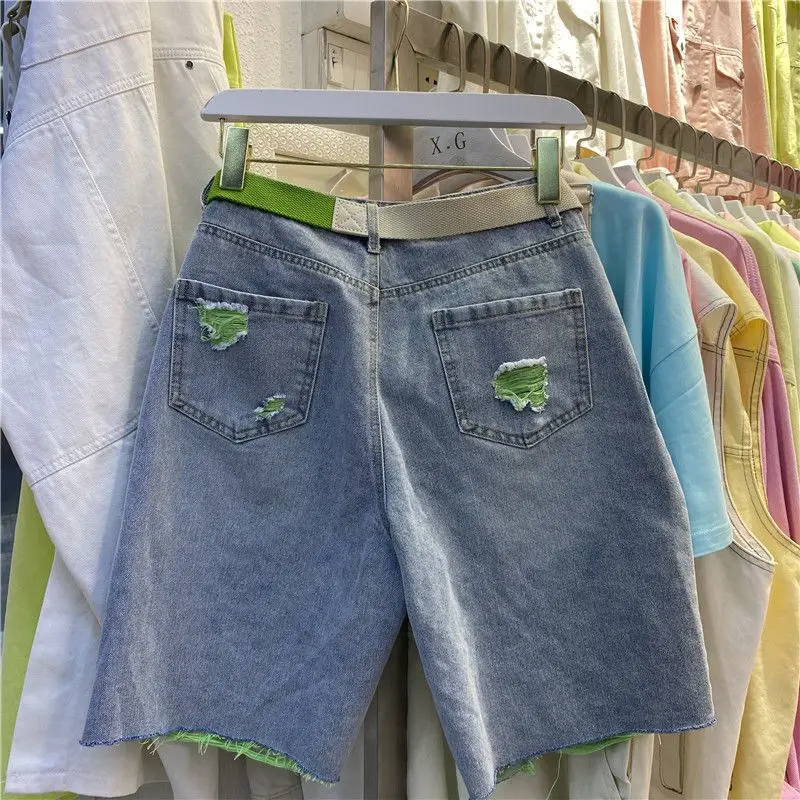 Summer 2024 New Shorts Women's Loose Hole Jeans High Waist Straight Leg Wide Leg Split Pants  streetwear