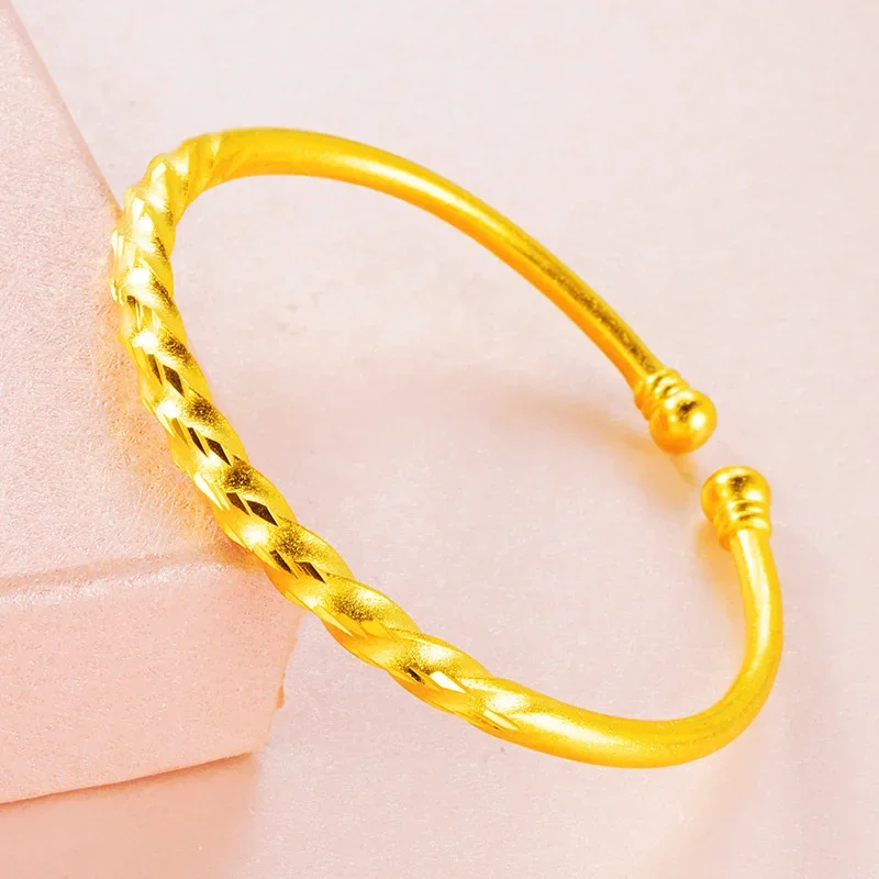 Real 24k Gold Color Twisted Gold Women's Open Bracelet for Women Men Chain Pure 999 Golden Plated Bracelet Bangle Fine Jewelry