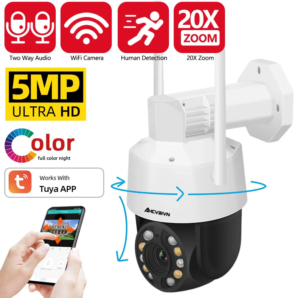 

5MP Tuya 20X Optical PTZ Zoom Security Camera Outdoor Full Color Night Vision WiFi Video Surveillance Cameras Human Detection