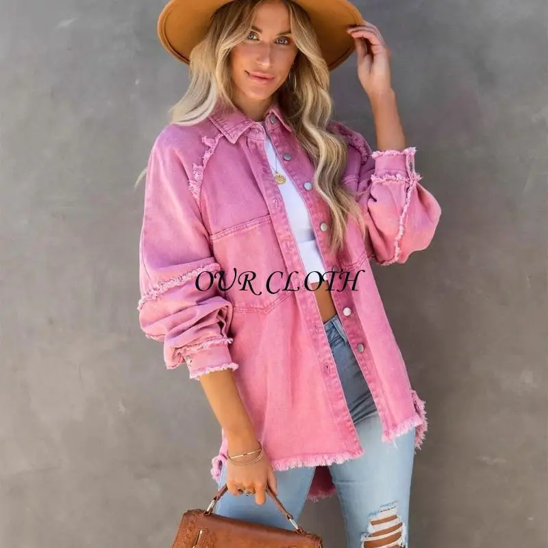 

Womens Frayed Hem Button Down Denims Casual Loose Long Sleeve Distressed Jean Coat Autumn Spring Outwear Y1AC