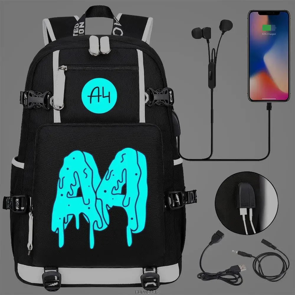 New A4 Luminous USB Charging Backpack Headphone Jack Backpack School Bags Laptop Backpack Schoolbag Black Capacity Backpack