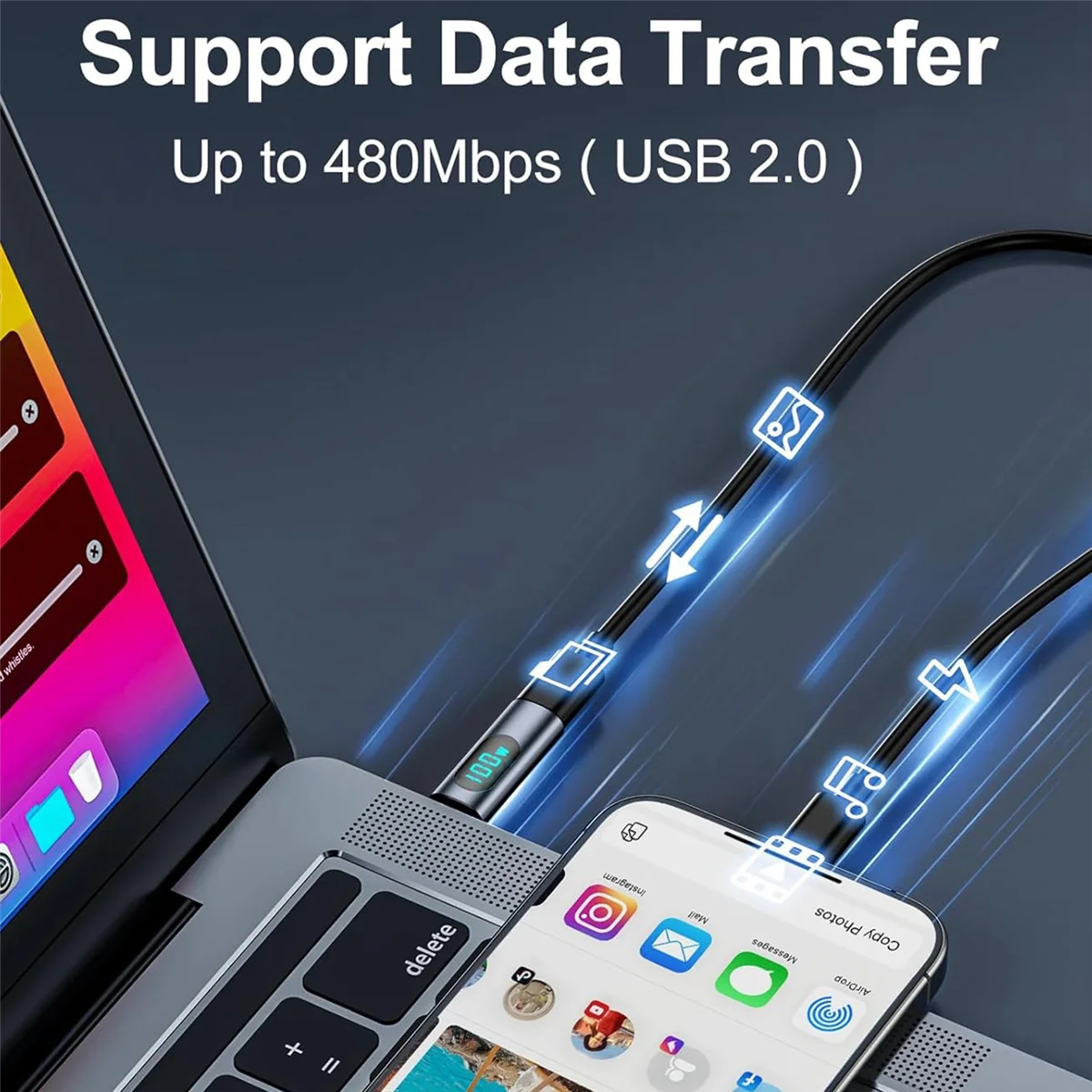 2 قطعة USB C محول LED عرض PD 100 واط ذكر إلى أنثى سريع الطاقة متر فاحص ، USB-C شاحن رصد موسع محول