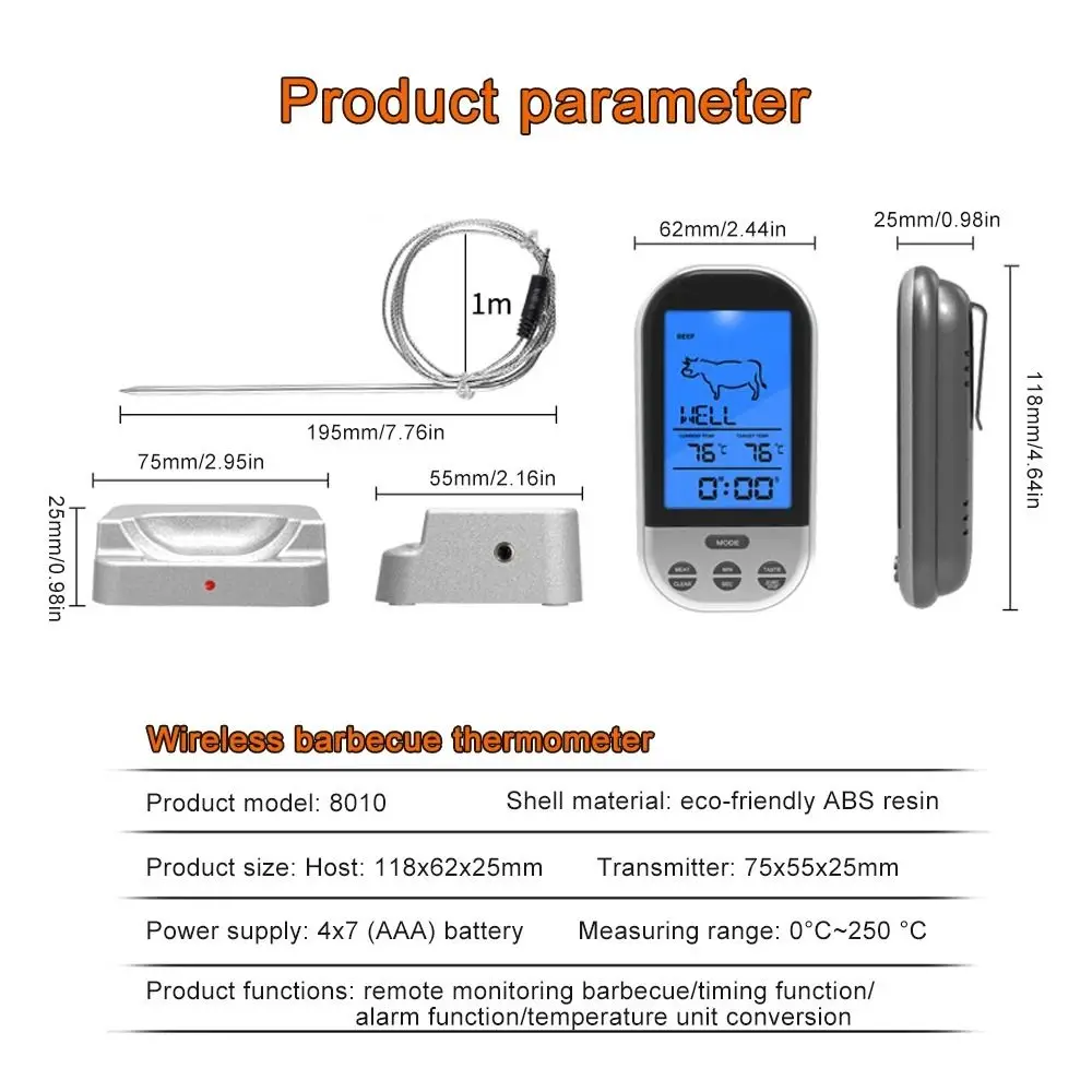 Silver Wireless Digital Meat Thermometer with Timer Alarm with Probe BBQ Thermometer Remote Temperature Control Food Thermometer