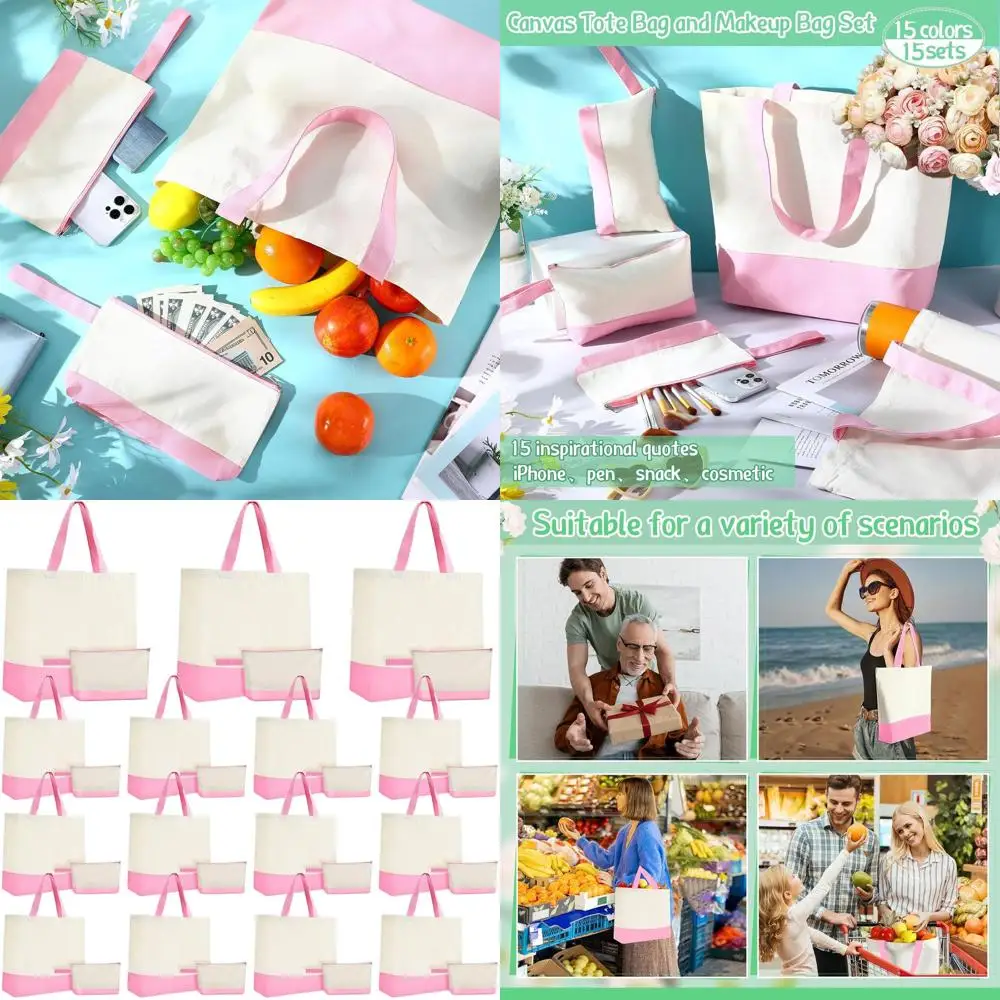 Bulk 18.5 Zippered Canvas Tote Bags with Cosmetic Pouch, Reusable Cotton Shopping Bags for DIY and Crafting