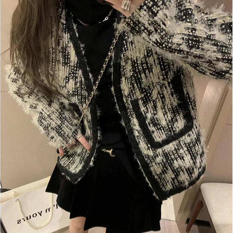 

vintage short tweed jakcet women korean fashion stripe v-neck knitted cardigans coat all-match casual autumn elegant outwear