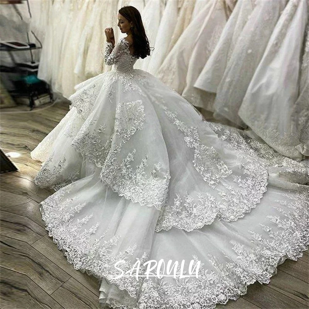 Lace Ball Gown Wedding Dress with Long Illusion Sleeves Tiered Plus Size Bride Dresses Elegant V Neck Customized Bridal Wed Gown