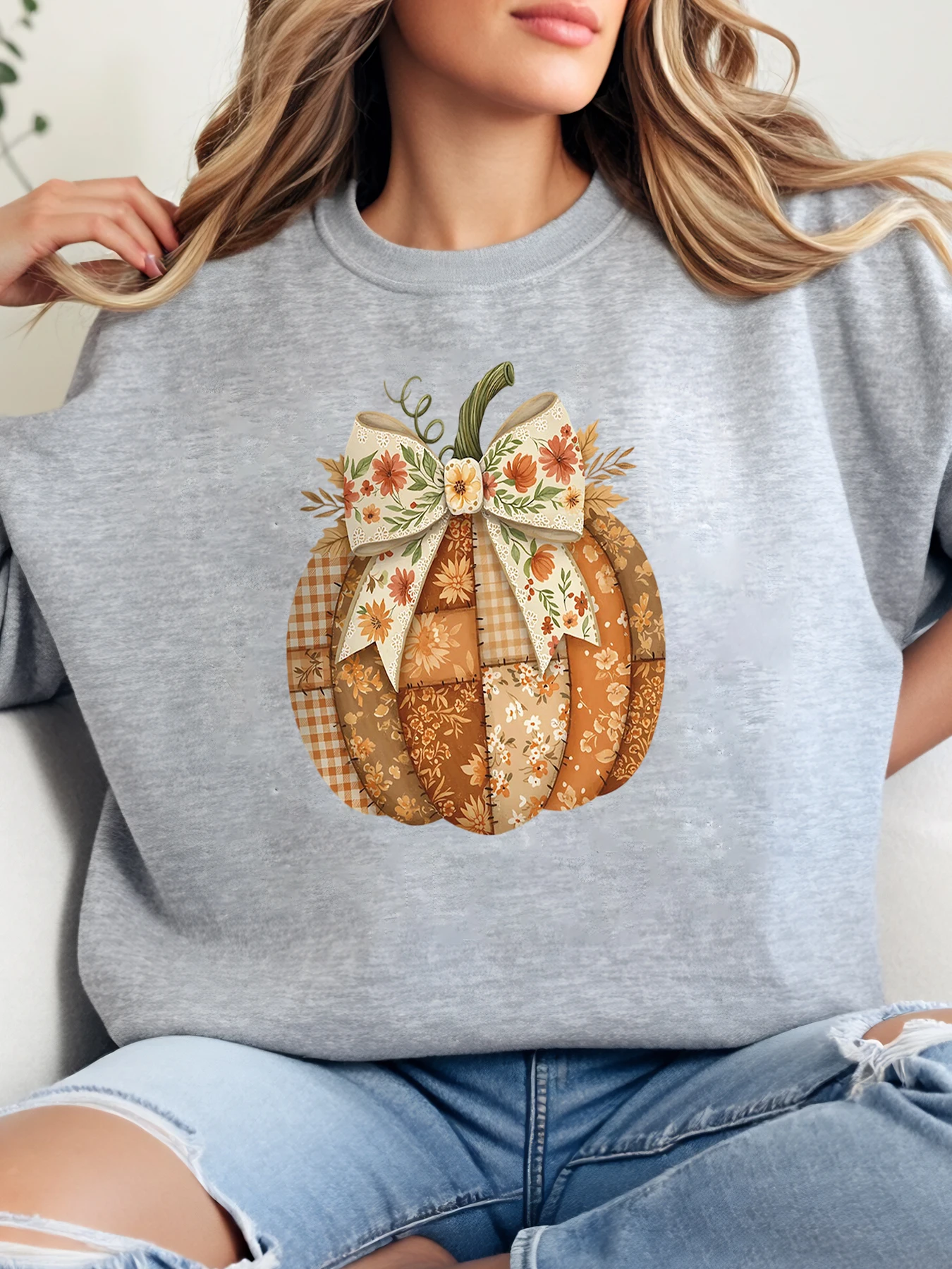 

Лоскутный осенне-осенний свитшот с принтом тыквы, женская повседневная одежда на Хэллоуин, серый, большие размеры