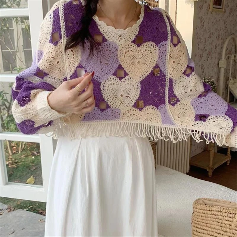 Women Batwing Long Sleeve Sweater Blouse O-Neck Tassels Hem Pullover Crop Top Hollow Out Crochet Knit Heart Pattern Cover Up