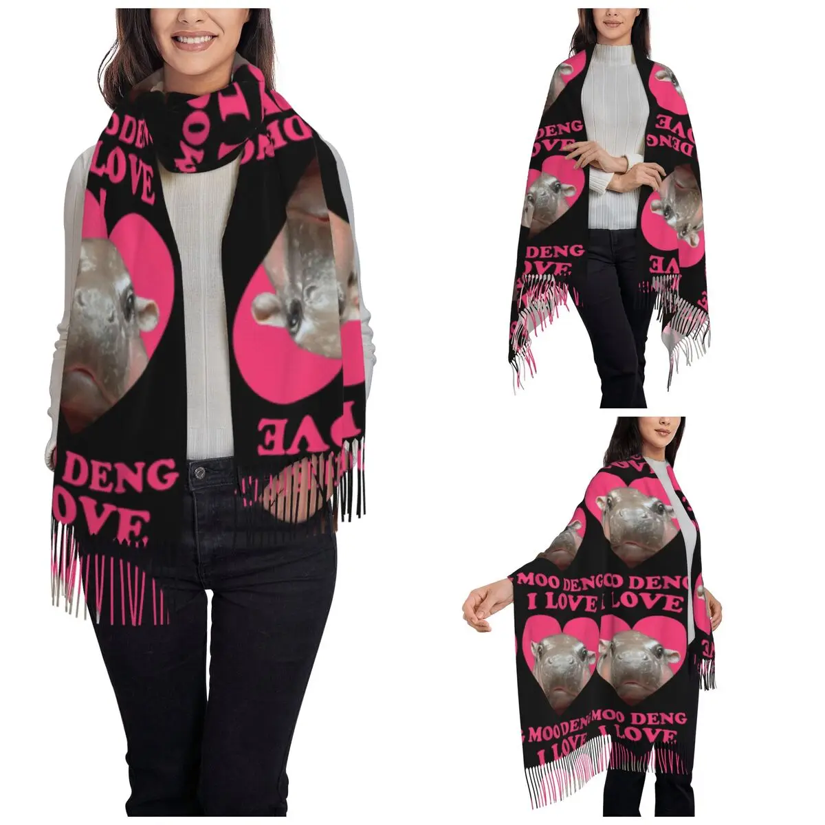 Women's Scarf with Tassel I Love Moo Deng Famous Baby Pigmy Hippo Long Winter Warm Shawl and Wrap Gifts Cashmere Scarf