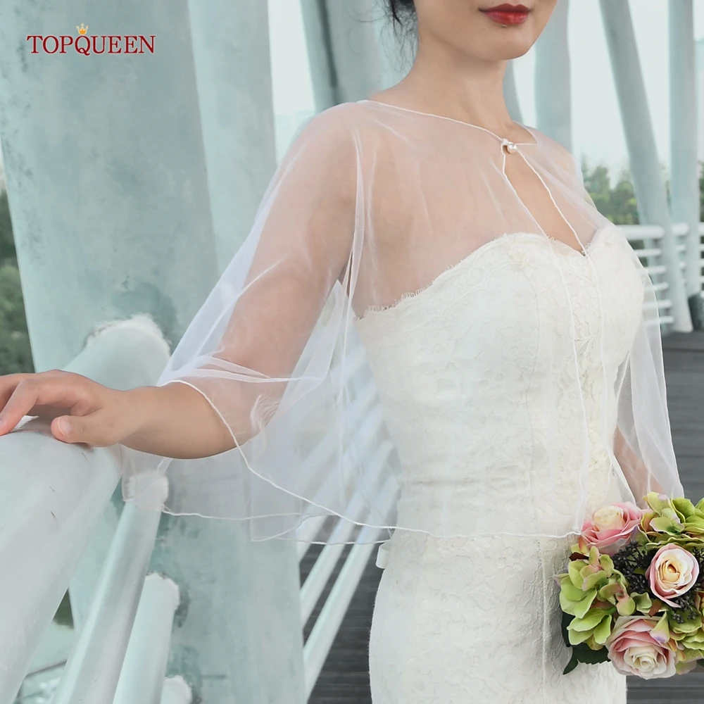 TOPQUEEN Simple Tulle Shawl Summer Transparent Dress Cardigan Bridal Cloak Wedding Blouse Sleeveless Blouse Vg89 customizable