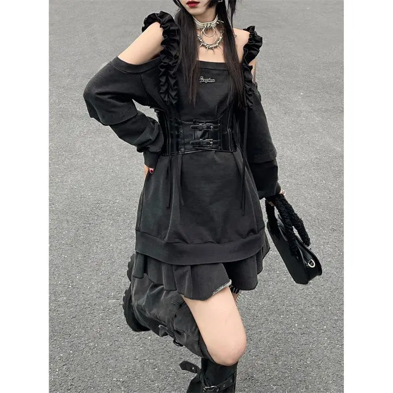 Harajuku Punk Loose Hoodies Dress Two Pieces Sets Women Y2K Socks Grey T-shirts Vestidos Long Sleeve College Girls Dress Sets