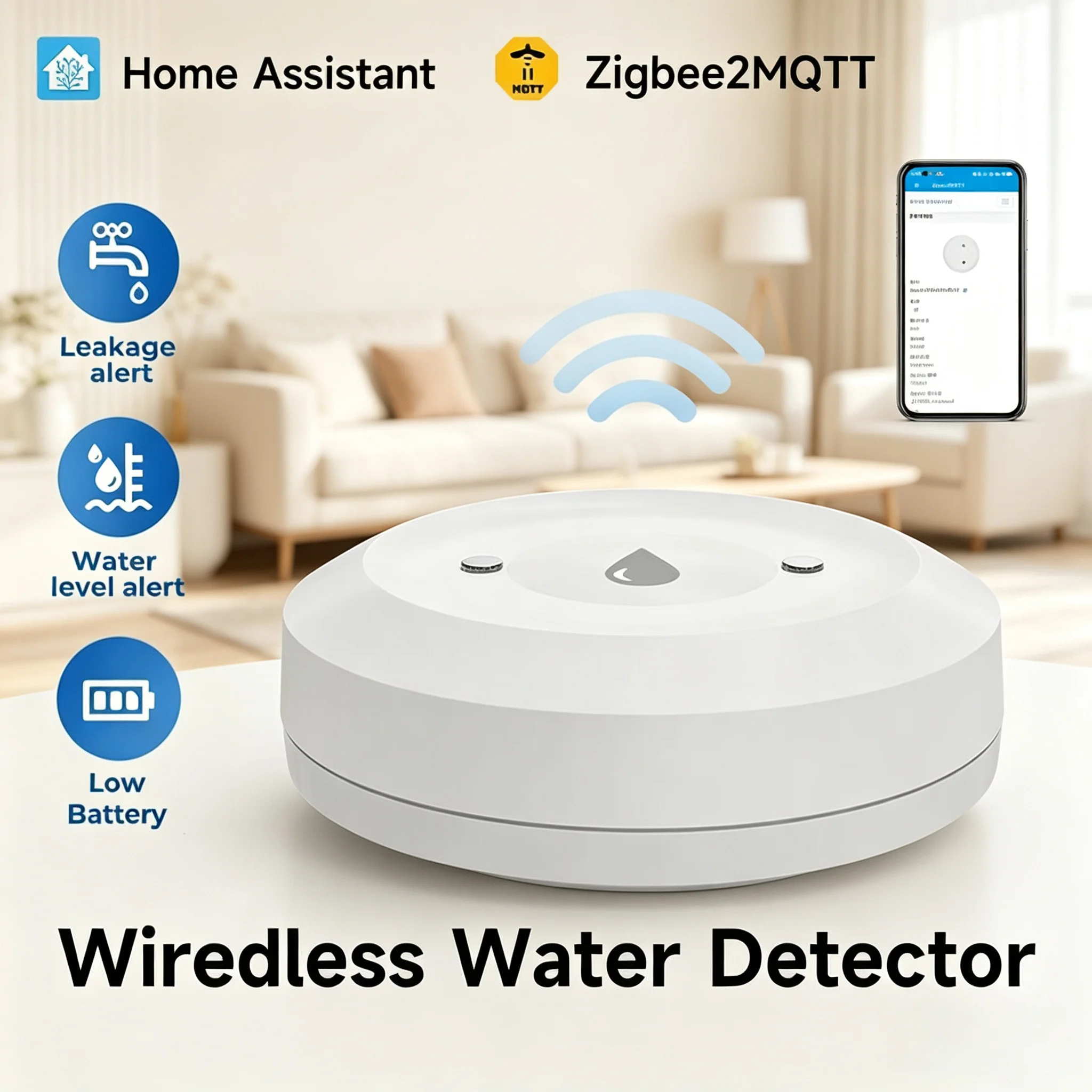 Zigbee Smart Water Sensor Flood Leak Detector APP Remote Monitoring for Kitchen Bathroom Support Home Assistant Zigbee2MQTT
