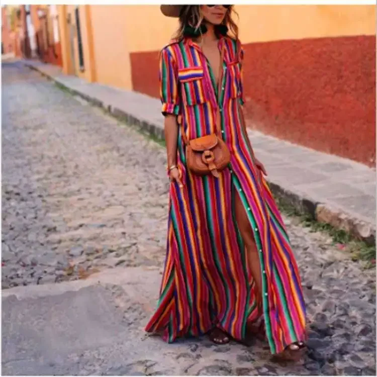 Women's Shirt Long Dress Large Striped Long Skirt Bohemian Style Beach Resort Dress for Women Short Sleeved One-piece Dress