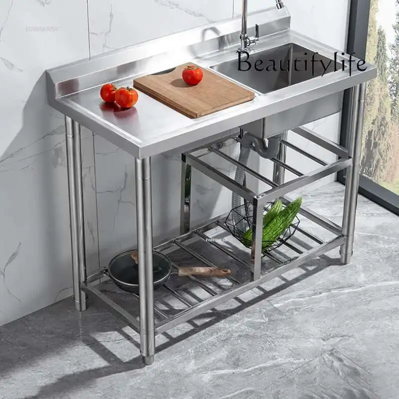 

Stainless Steel Kitchen Sinks Countertop Integrated Washbasin Kitchen Single Slot with Platform Home Washing Sinks with Bracket