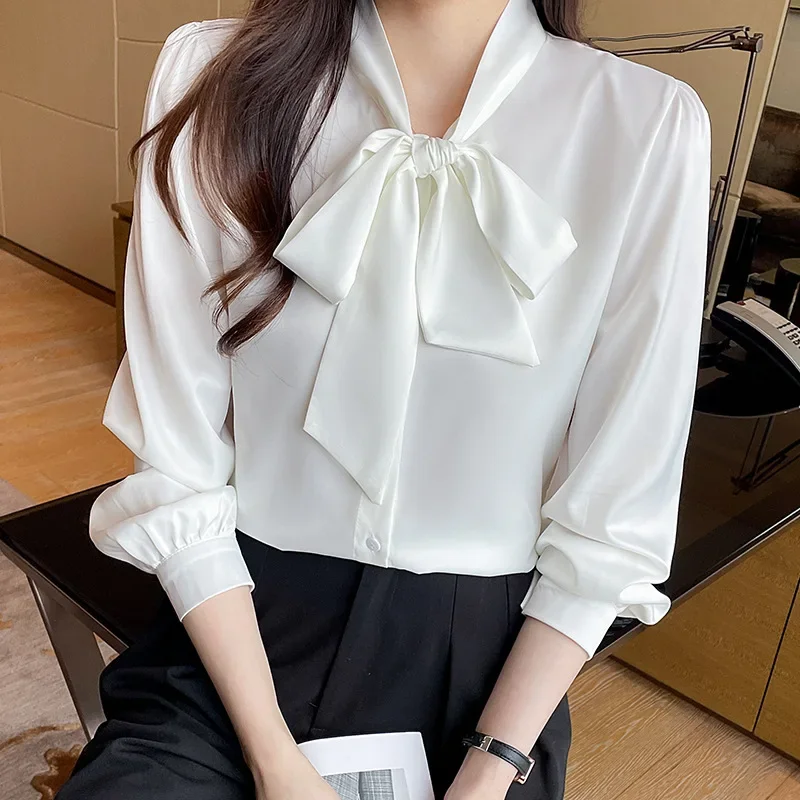 

Elegant V-neck Chiffon Top Korean Ribbon Women Shirts Blouses Chic Office Lady Short Sleeve Shirts Tops Fashion Bow Tie Blusas
