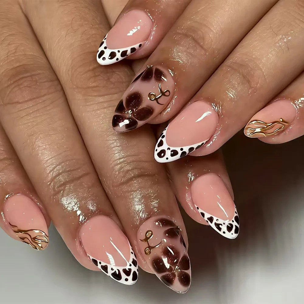 

24PCS French Press on Nails Nude Leopard Print Cherry Design New Winter Wearable Nails Removable False Nails Uñas Postizas Mujer