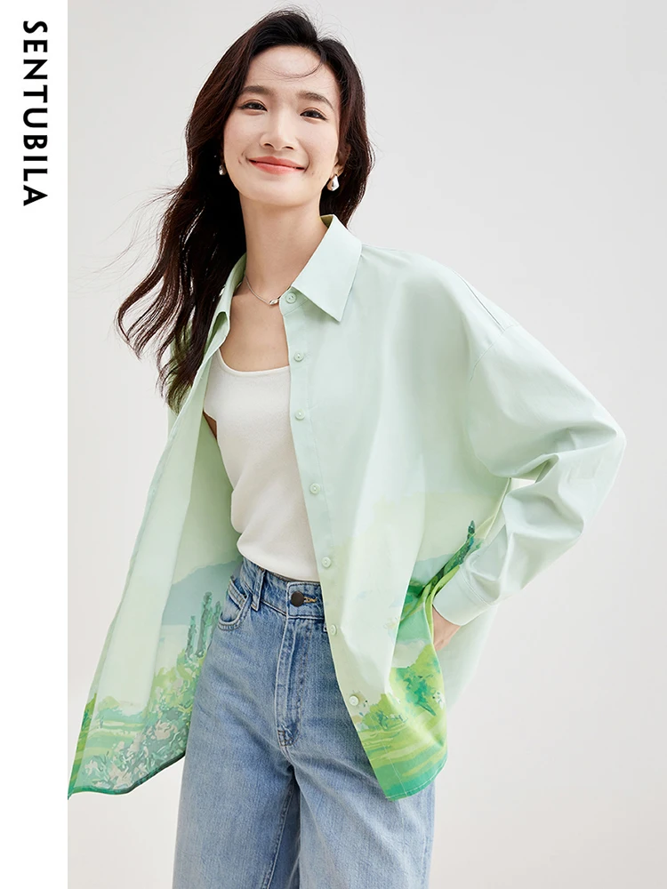 SENTUBILA Contrast Printed Fashion Shirts for Women 2024 Casual Loose Fit Drop Sleeve Button Up Shirts & Blouse Cotton Blend Top