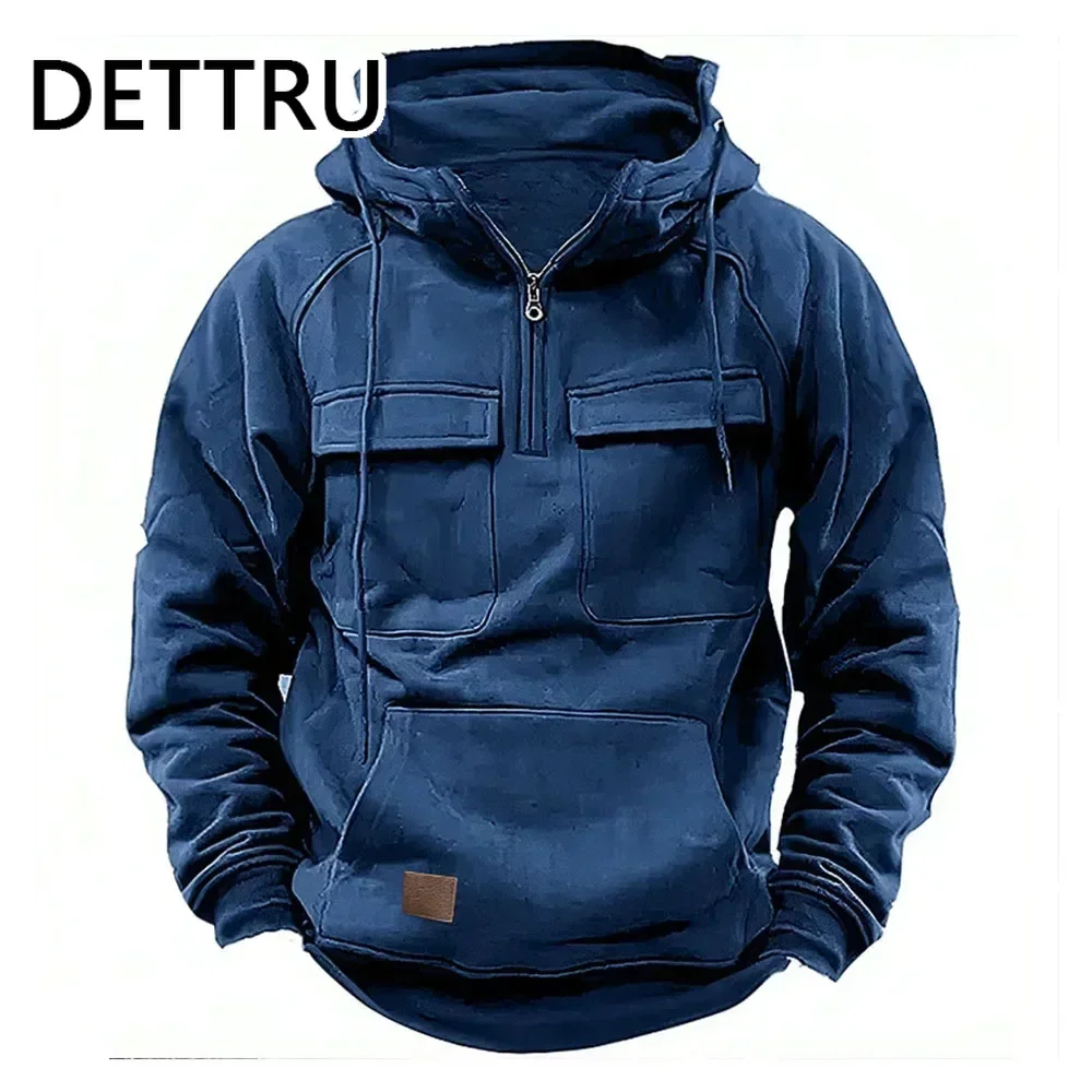 Men\'s Hoodies Solid Sweatshirts Multi Pockets Male Hooded Jackets Thick Outdoor Half Zipper