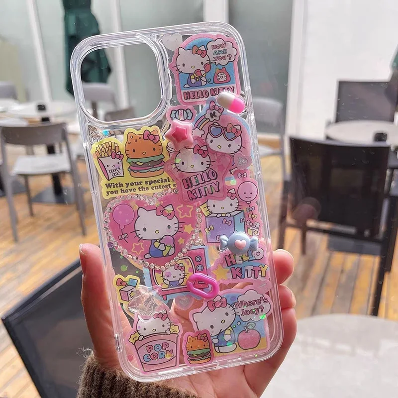 Kawaii Hello Kitty DIY IPhone Case Cute Cartoon KT Drip Adhesive Stickers 16 15 14 13 Shell Anime Iphone11 Xr Xsmax 7p Cases Toy