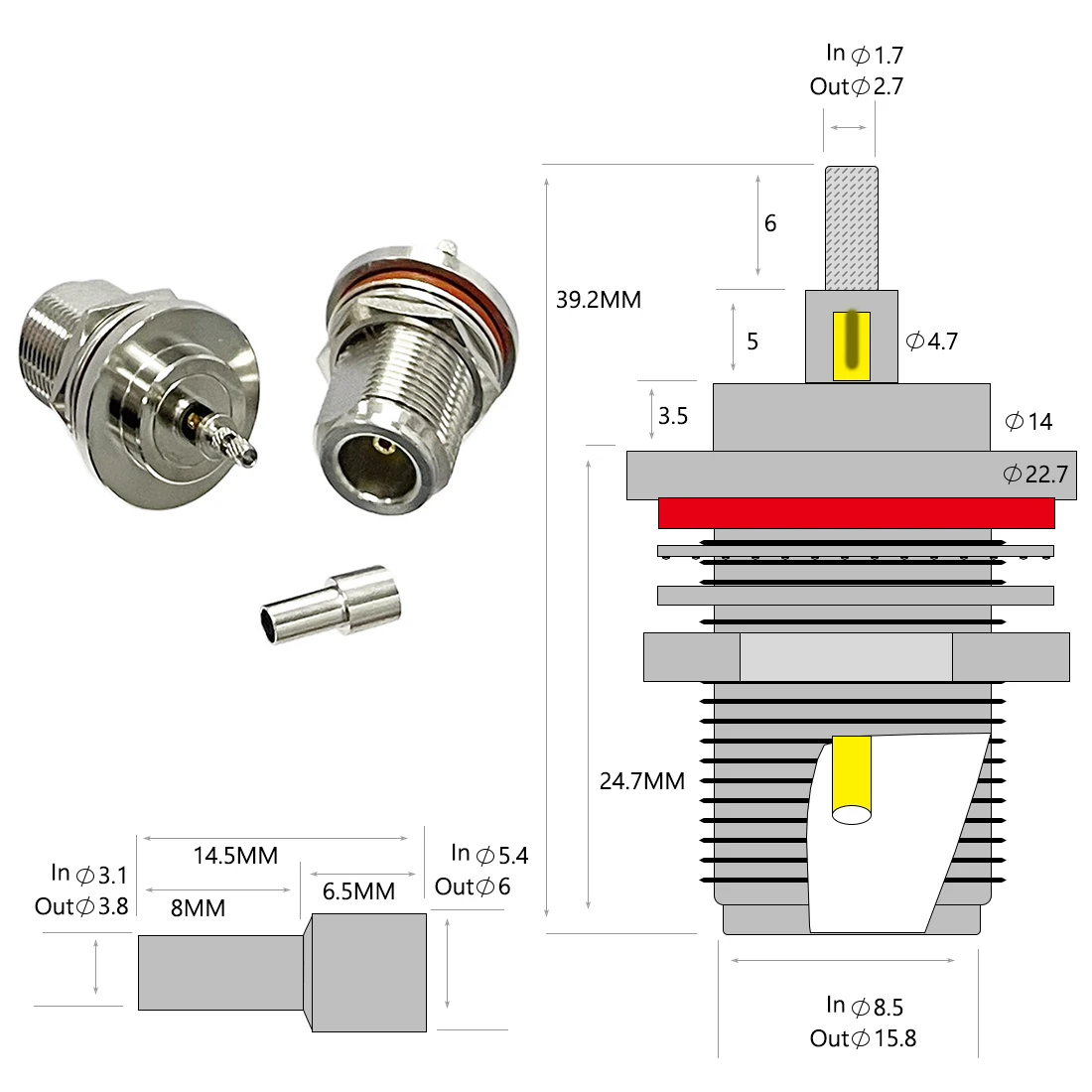 1pc N Female Bulkhead Nut Waterproof RF Coax Connector Crimp for RG316 RG174 LMR100 Cable Straight  Nickelplated  Wholesale