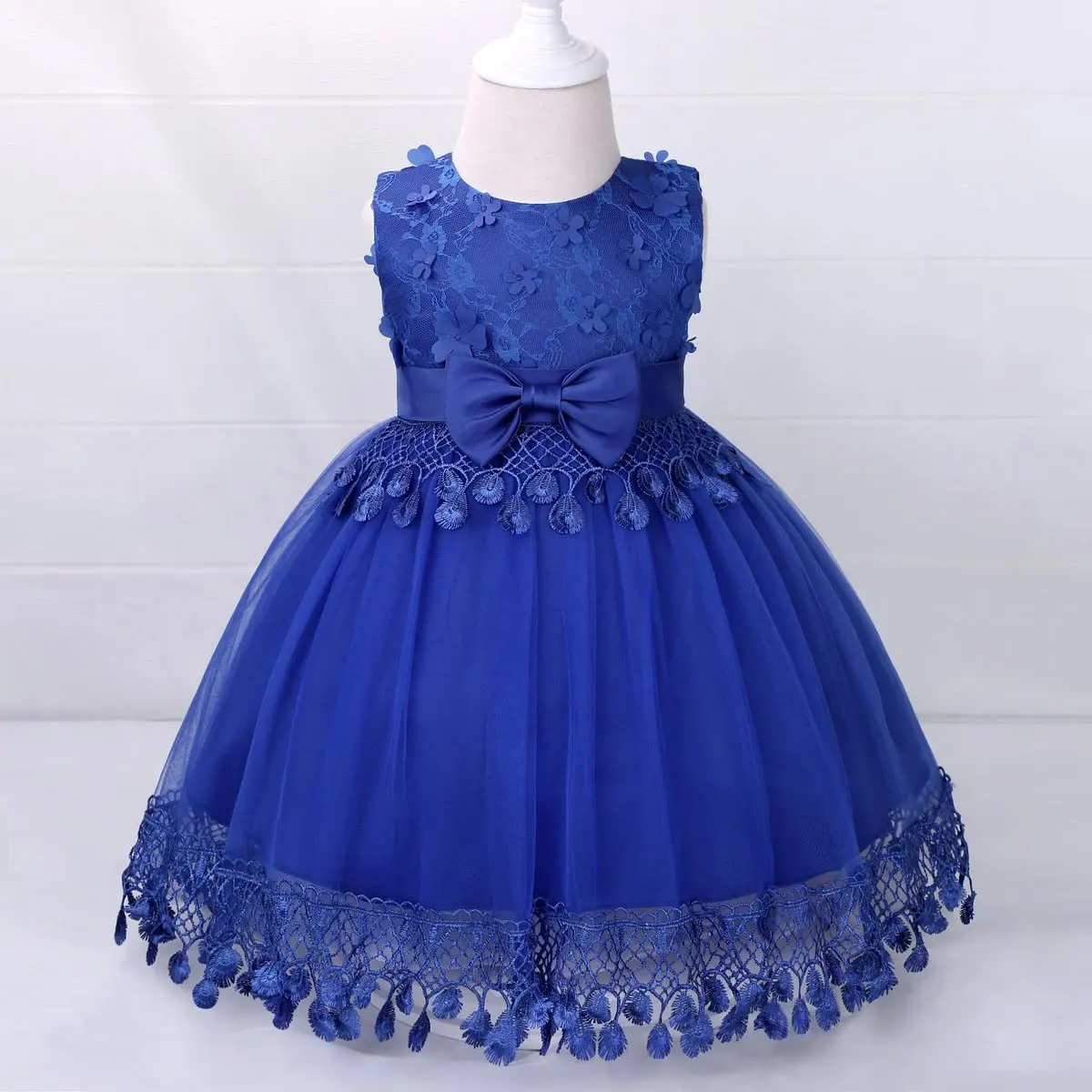 Vestido de renda azul malha roupas o-pescoço vestidos doces venda quente meninas festa laço sulco princesa tutu dresstop 1-3y