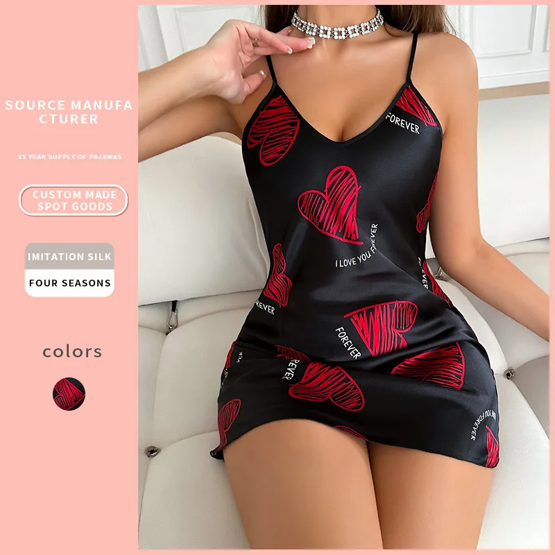 Women Sexy Satin Slip Nightgown, European American Style Backless Summer Night Dress, Creative Heart Pattern Ladies Sleep Dress