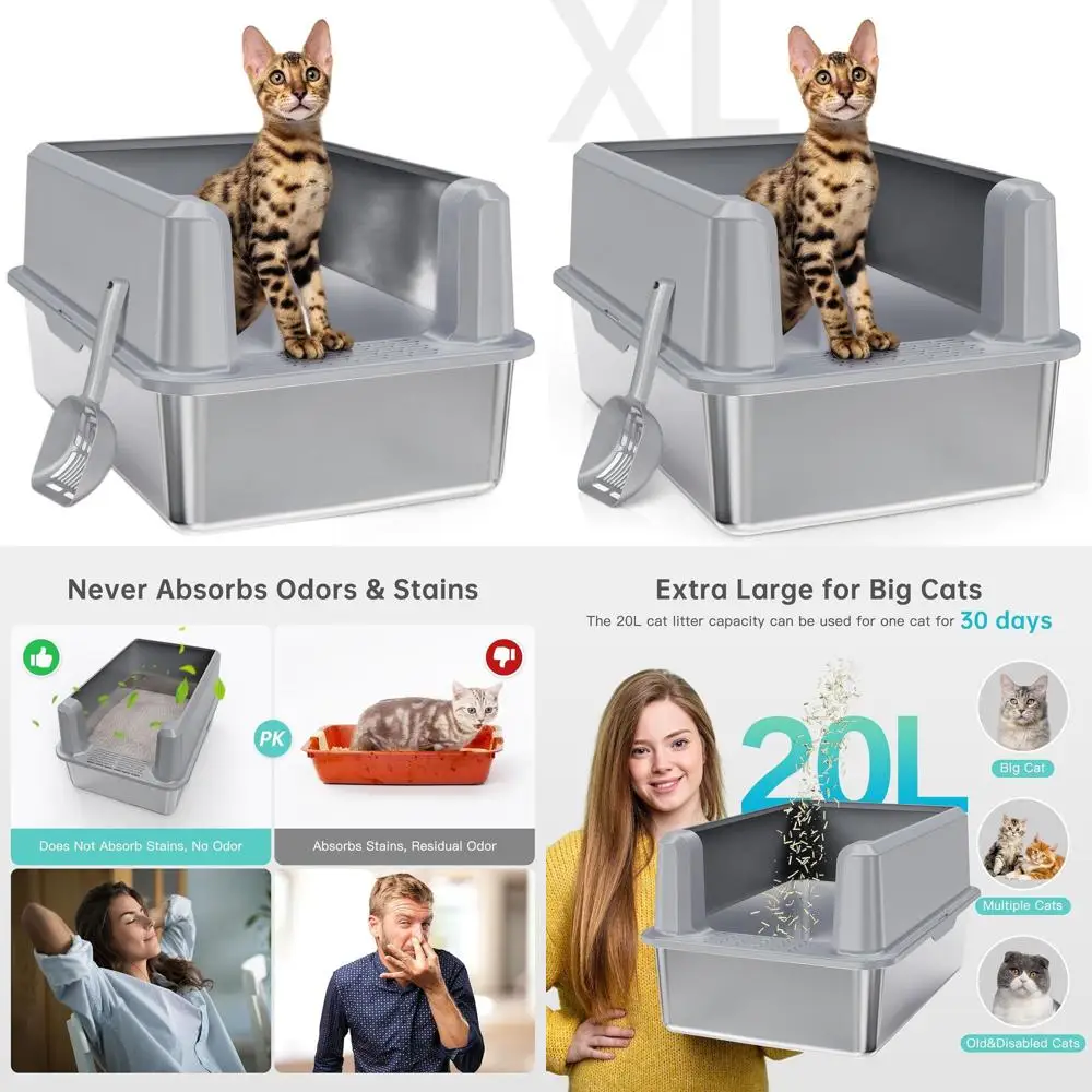 

Очень большой лоток для кошек из нержавеющей стали с высокими бортиками и крышкой, XL для крупных кошек, устойчивый к запахам, герметичный, в комплекте совок - Li