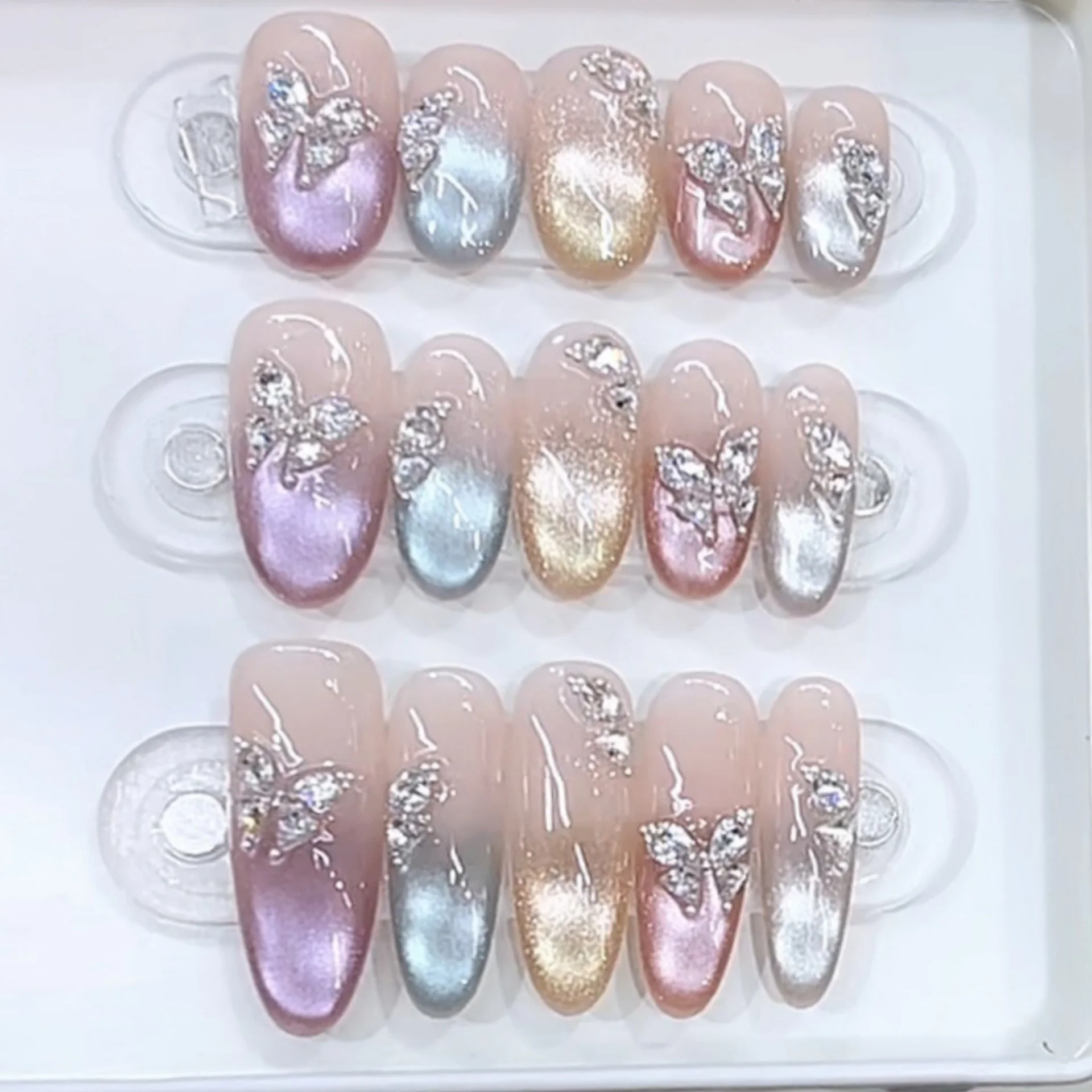 

10pcs Oval Handmade Press on Nails Colorful Cat's Eye Tips Fake Nails Art Sweet Butterfly Diamond False Nail Set for Women＆girl