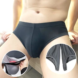 Invisible Open Crotch Outdoor Sex Men's Triangle Underwear Gay Ice Silk Summer Ultra Thin Sexy Mid Waist Erotic Underpants