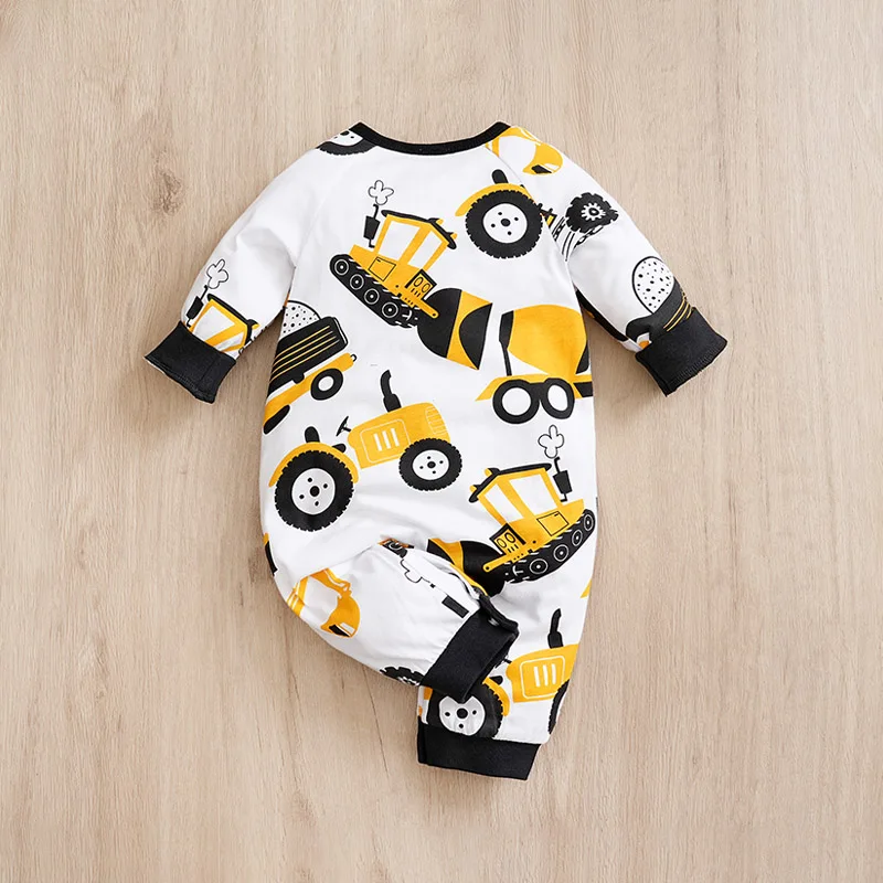 Fashion Newborn Baby Boy Spring and autumn Clothes Long sleeves and Round Collar Cartoon Car Print Romper Jumpsuit 0-24 months