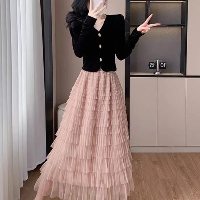 Velvet Bubble Sleeve Shirt And Half Skirt Set Women's Early Autumn Clothing Two-Piece Set High Waist Cake Skirt Casual Style