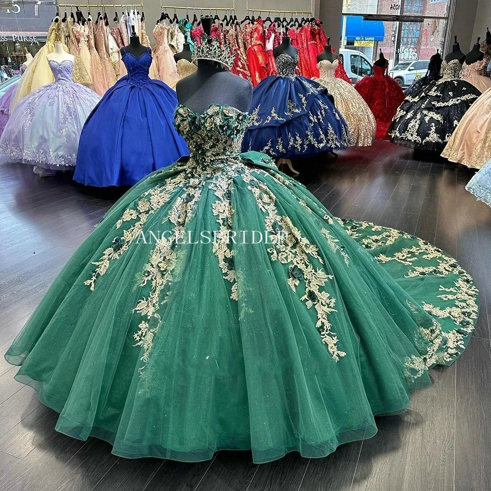 Angelsbridep Emerald Green Ball Gown 15 Year Old Quinceanera Dresses Long Train Celebrity Birthday Party Vestido De 15 Anos 2023