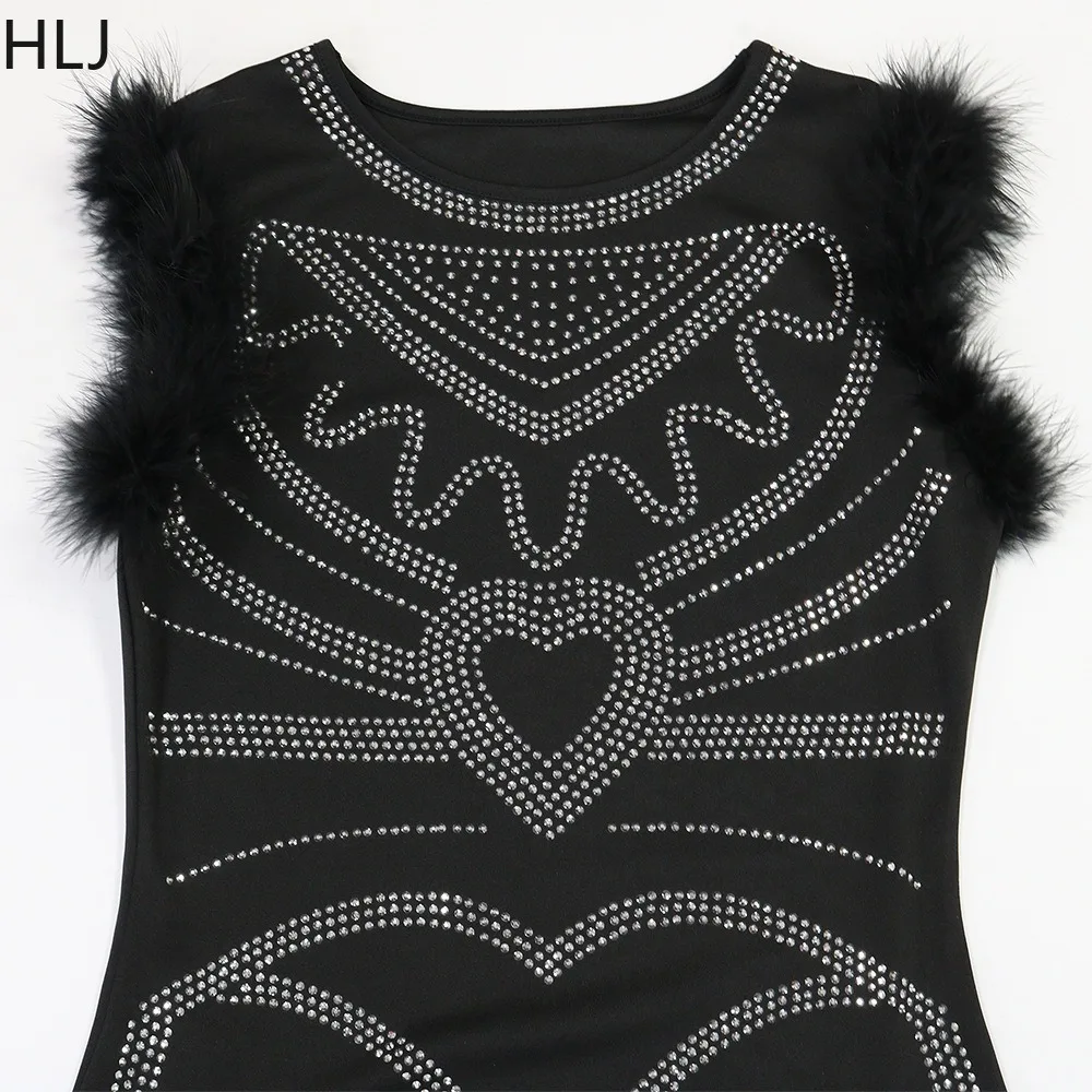 HLJ Winter New Sexy Fur Rhinestone Patchwork Bodycon Dresses Woman Round Neck Sleeveless Dress Female Party Clubwear Vestidos