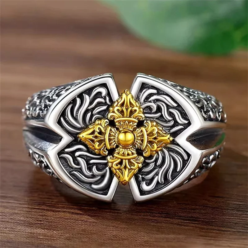 

Retro Relief Lines Clover Flower Ring Men Jewelry Blessing Golden Vajra Pestle Ring Male Index Finger Accessories Open Size