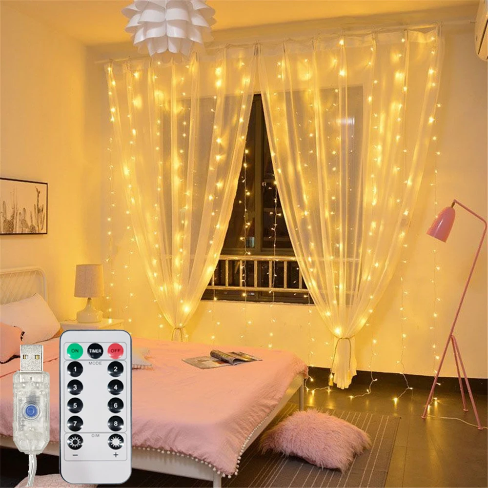 LED الستار سلسلة أضواء USB الطاقة مع جهاز التحكم عن بعد LED أضواء الجنية شجرة عيد الميلاد قلادة غرفة نوم المنزل زينة الزفاف #1