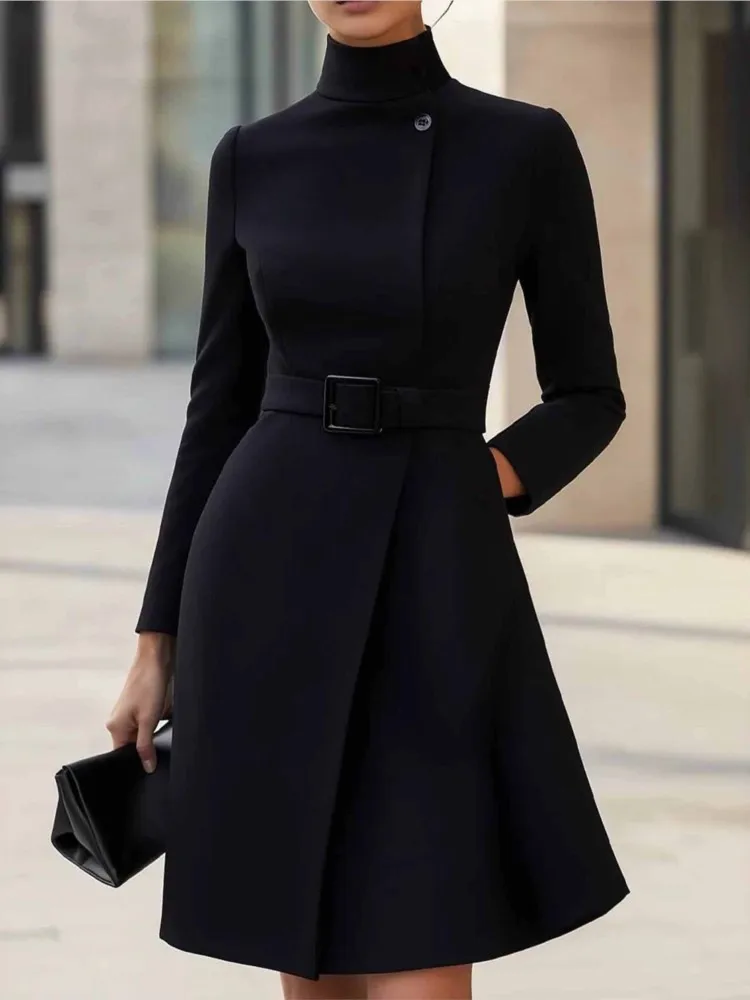 Fashion Solid Kleid Für Frauen Elegante Lange Hülse Halb Hohe Kragen Schärpen Hohe Taille Lose Mini Kleider Dame Herbst Winter Neue
