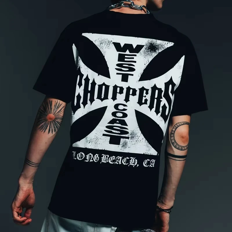 2026 Men Vintage Old School Biker Cross Letter Graphic T Shirt Back Print Crewneck Tees Unisex White Oversized Short Sleeve