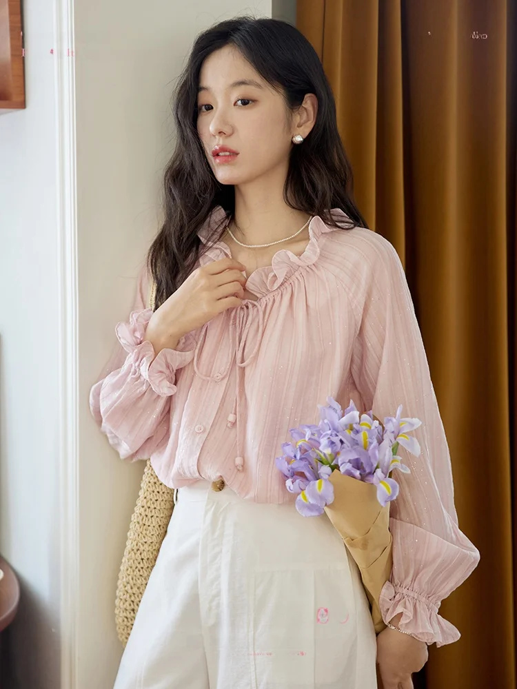 

Moriirose Pink Gingham Long Sve Women's irt with Bowtie And Wooden Bows Loose Fit Comfortable Breathable Autumn Top